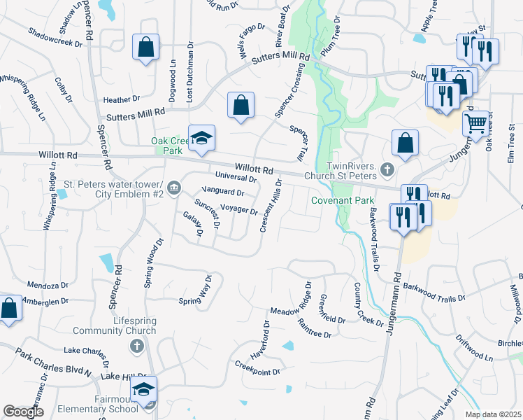 map of restaurants, bars, coffee shops, grocery stores, and more near 24 Voyager Drive in St. Peters
