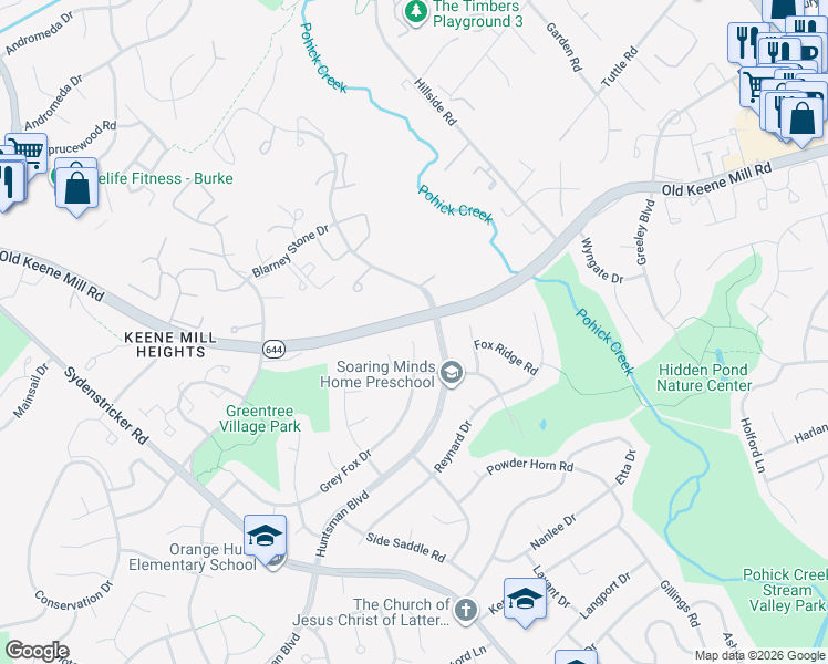 map of restaurants, bars, coffee shops, grocery stores, and more near 6601 Grey Fox Drive in Springfield