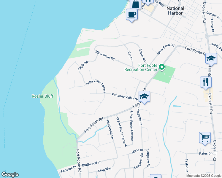 map of restaurants, bars, coffee shops, grocery stores, and more near 8403 Driftwood Lane in Fort Washington