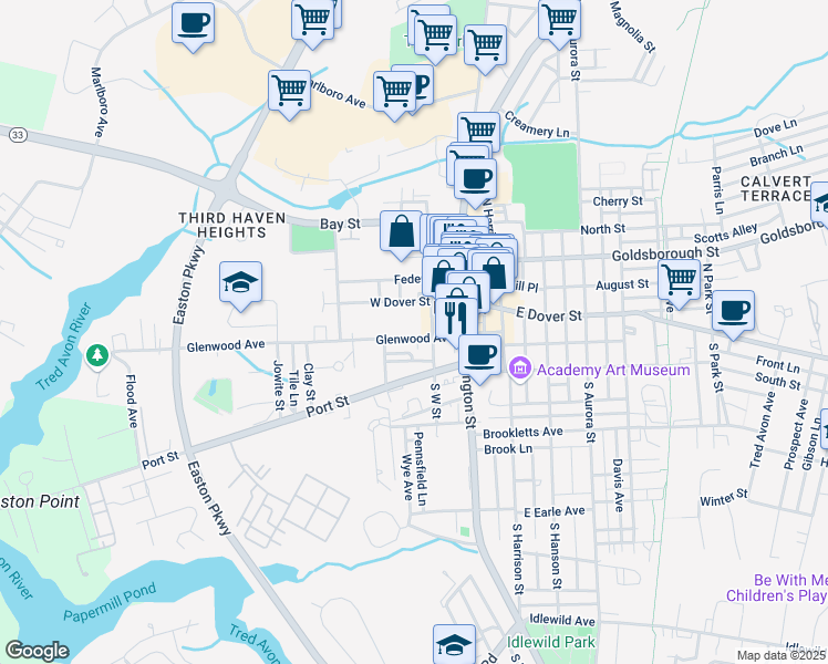 map of restaurants, bars, coffee shops, grocery stores, and more near 109 Glenwood Ave in Easton