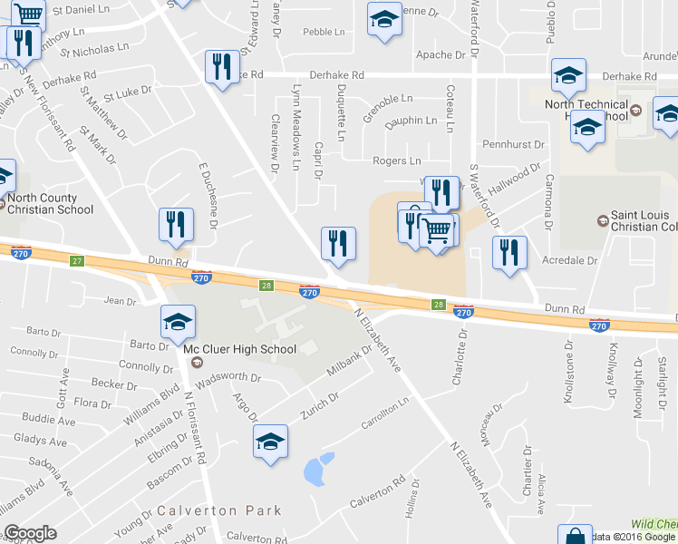 map of restaurants, bars, coffee shops, grocery stores, and more near 4595 Washington Street in Florissant
