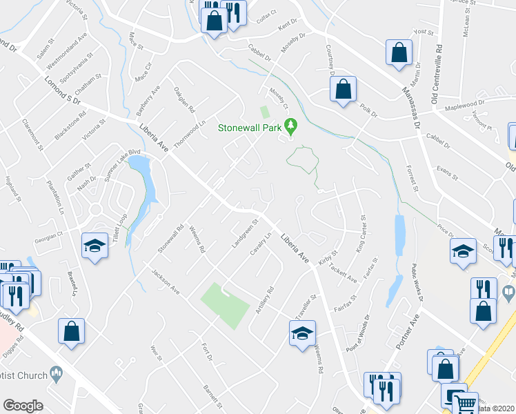 map of restaurants, bars, coffee shops, grocery stores, and more near 8595 Willowbrook Court in Manassas
