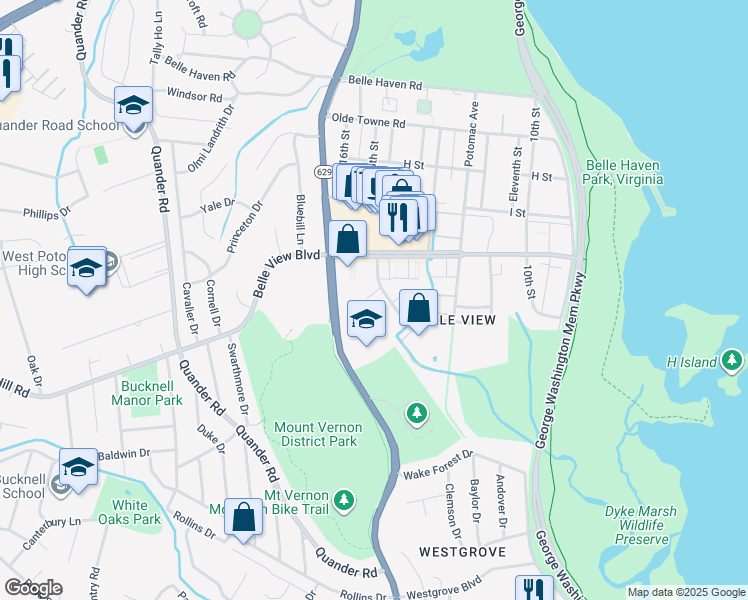 map of restaurants, bars, coffee shops, grocery stores, and more near 6719 West Wakefield Drive in Alexandria