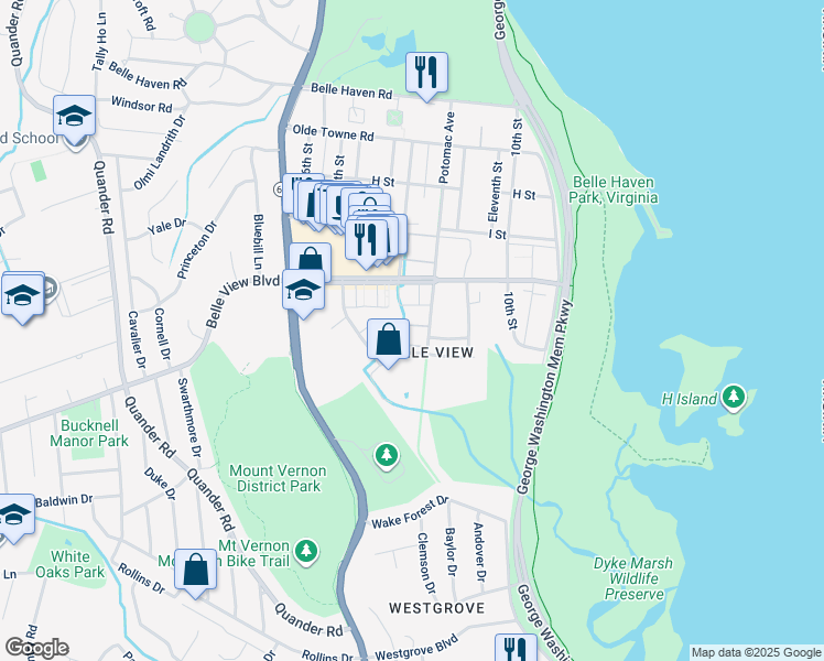 map of restaurants, bars, coffee shops, grocery stores, and more near 6620 Potomac Avenue in Alexandria