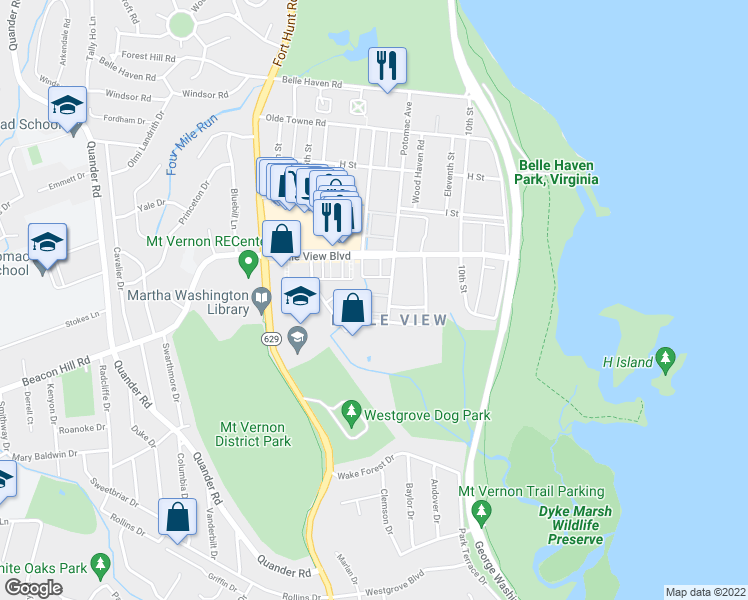 map of restaurants, bars, coffee shops, grocery stores, and more near 6620 Potomac Avenue in Alexandria
