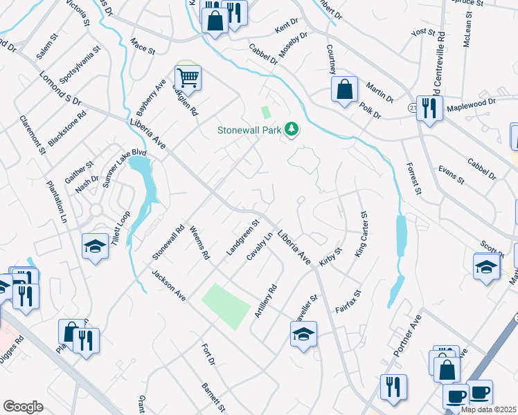 map of restaurants, bars, coffee shops, grocery stores, and more near 8595 Willowbrook Court in Manassas