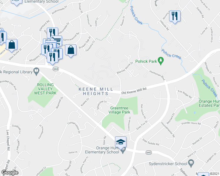 map of restaurants, bars, coffee shops, grocery stores, and more near 9056 Rosewall Court in Springfield