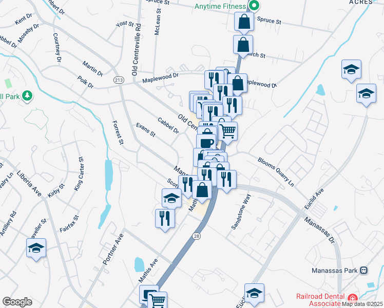 map of restaurants, bars, coffee shops, grocery stores, and more near 124 Scott Drive in Manassas Park