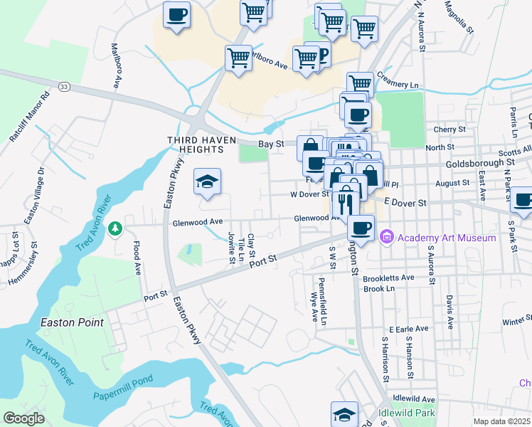 map of restaurants, bars, coffee shops, grocery stores, and more near 231 Glenwood Avenue in Easton