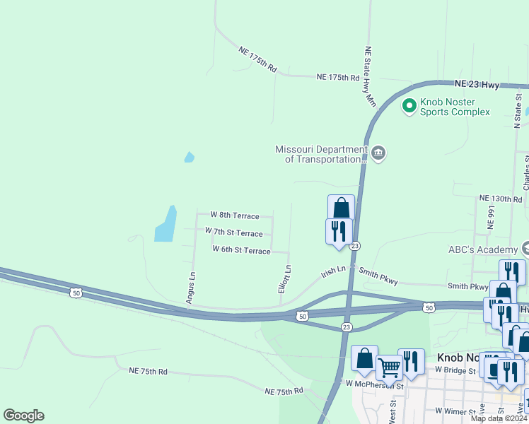 map of restaurants, bars, coffee shops, grocery stores, and more near 1408 West 8th Terrace in Knob Noster