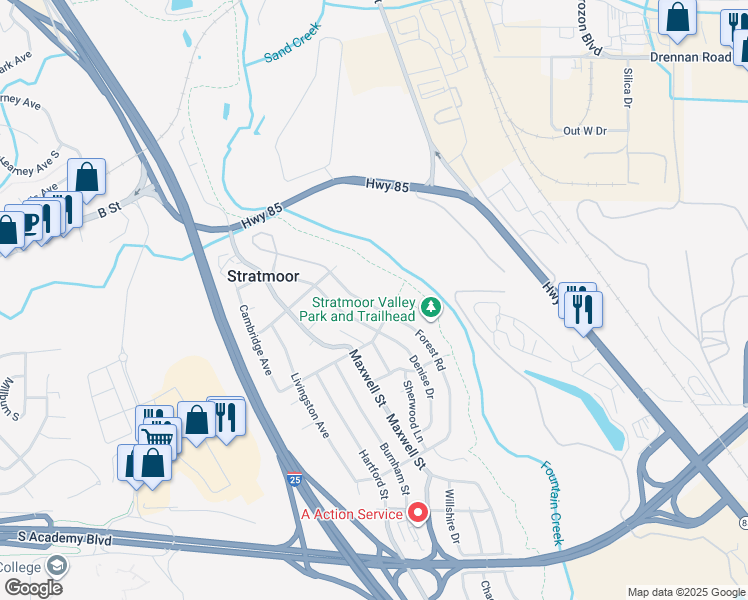 map of restaurants, bars, coffee shops, grocery stores, and more near 1119 Forest Road in Colorado Springs