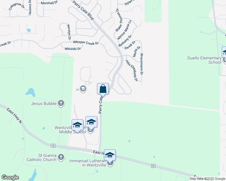 map of restaurants, bars, coffee shops, grocery stores, and more near 444 Kaylene Drive in Wentzville