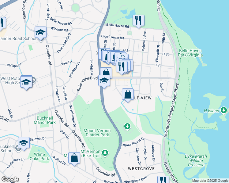 map of restaurants, bars, coffee shops, grocery stores, and more near 6719 West Wakefield Drive in Alexandria