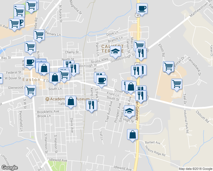 map of restaurants, bars, coffee shops, grocery stores, and more near 629 Dover Road in Easton
