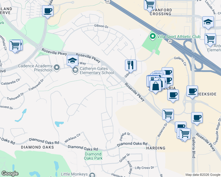 map of restaurants, bars, coffee shops, grocery stores, and more near 29 Castaic Court in Roseville
