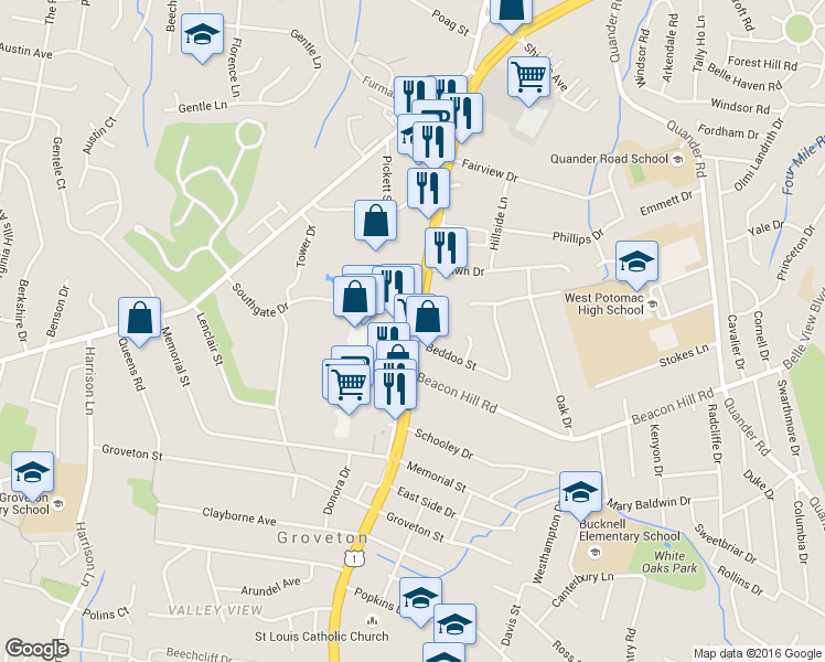 map of restaurants, bars, coffee shops, grocery stores, and more near 6650 Richmond Highway in Alexandria