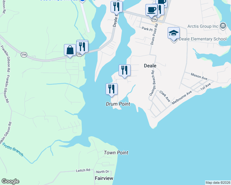 map of restaurants, bars, coffee shops, grocery stores, and more near 6146 Drum Point Road in Deale
