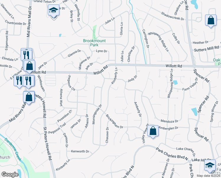 map of restaurants, bars, coffee shops, grocery stores, and more near 311 Kimberly Lane in St. Peters