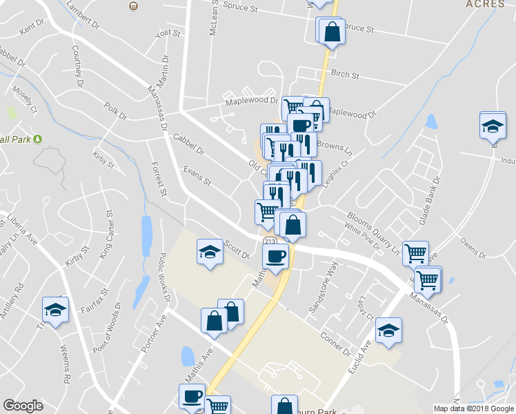 map of restaurants, bars, coffee shops, grocery stores, and more near 124 Scott Drive in Manassas Park