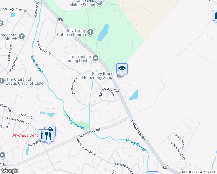 map of restaurants, bars, coffee shops, grocery stores, and more near 8454 Tackhouse Loop in Gainesville