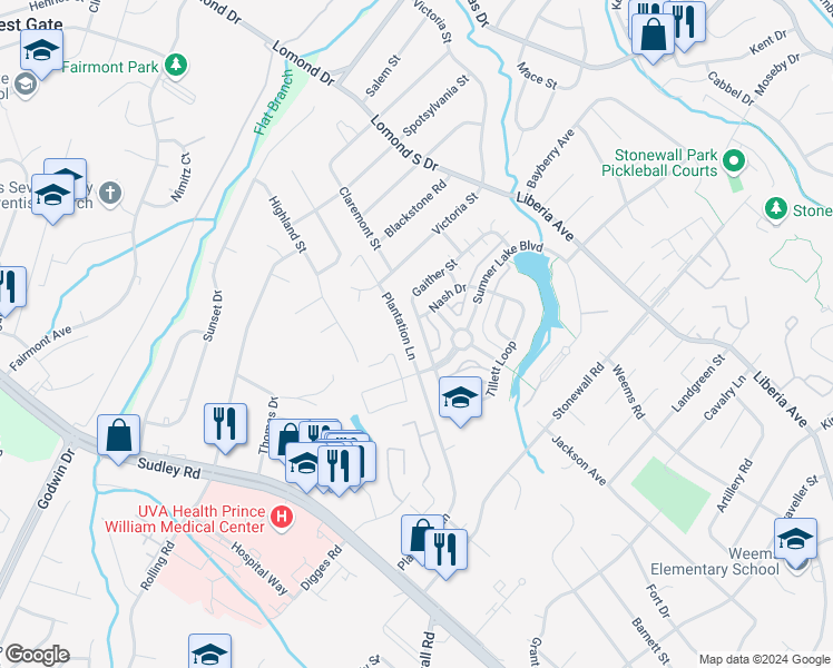 map of restaurants, bars, coffee shops, grocery stores, and more near 8385 Gaither Street in Manassas