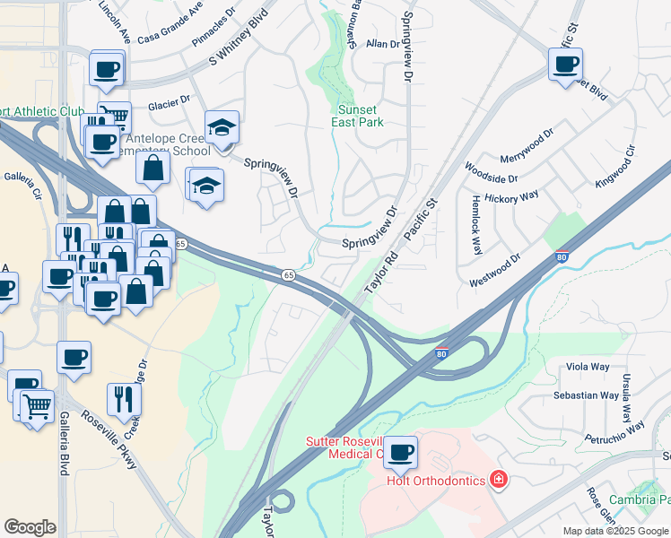 map of restaurants, bars, coffee shops, grocery stores, and more near 6511 Hearthstone Circle in Rocklin