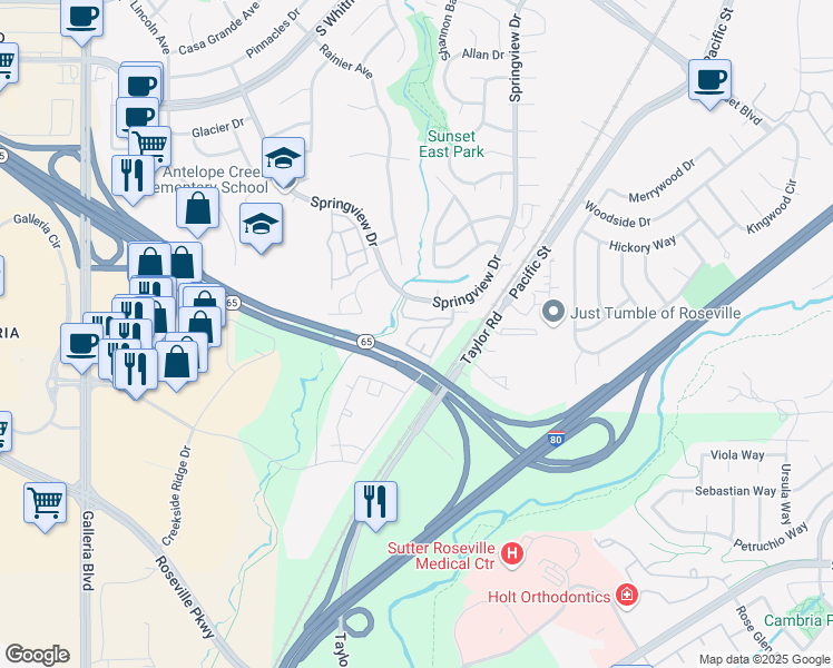 map of restaurants, bars, coffee shops, grocery stores, and more near 6511 Hearthstone Circle in Rocklin