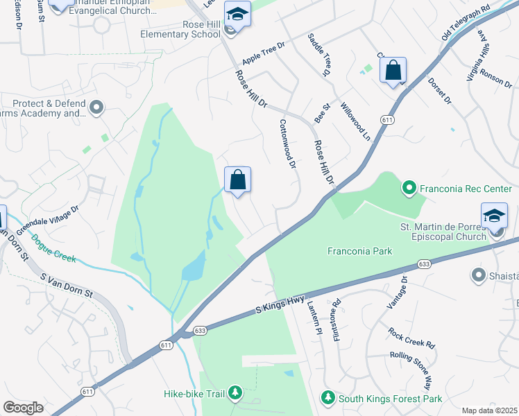 map of restaurants, bars, coffee shops, grocery stores, and more near 6513 Carriage Drive in Alexandria