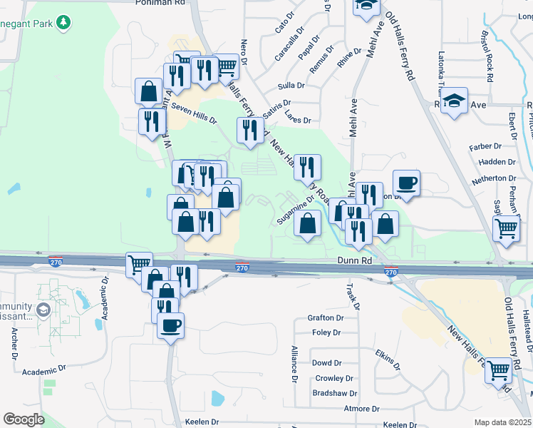 map of restaurants, bars, coffee shops, grocery stores, and more near 11325 Sugarpine Drive in Florissant