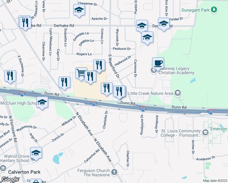map of restaurants, bars, coffee shops, grocery stores, and more near 1433 Stonebury Court in Florissant