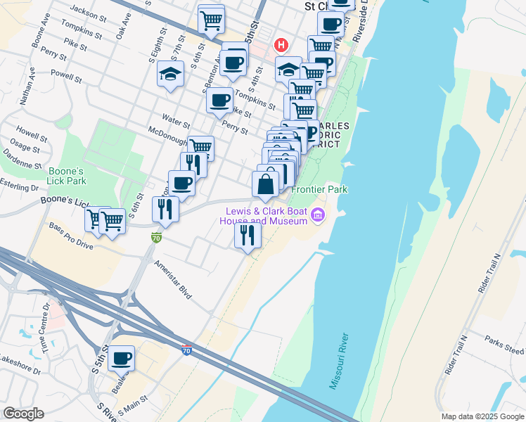 map of restaurants, bars, coffee shops, grocery stores, and more near 1039 South Main Street in Saint Charles