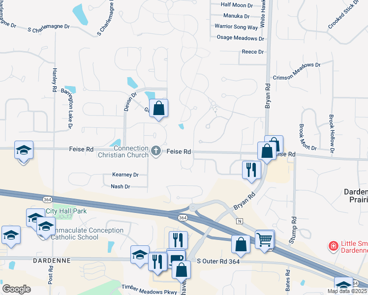 map of restaurants, bars, coffee shops, grocery stores, and more near 1601 Mount McKinley Drive in O'Fallon