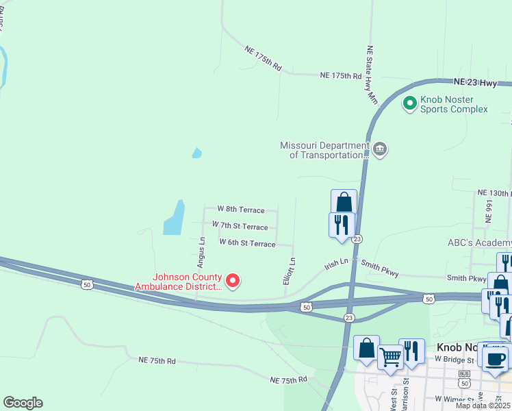 map of restaurants, bars, coffee shops, grocery stores, and more near 1504 West 8th Terrace in Knob Noster