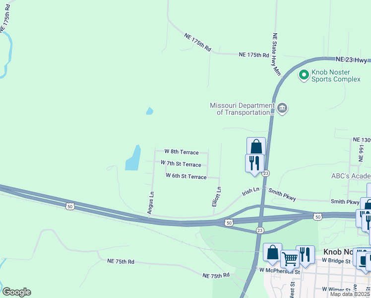 map of restaurants, bars, coffee shops, grocery stores, and more near 1605 West 8th Terrace in Knob Noster