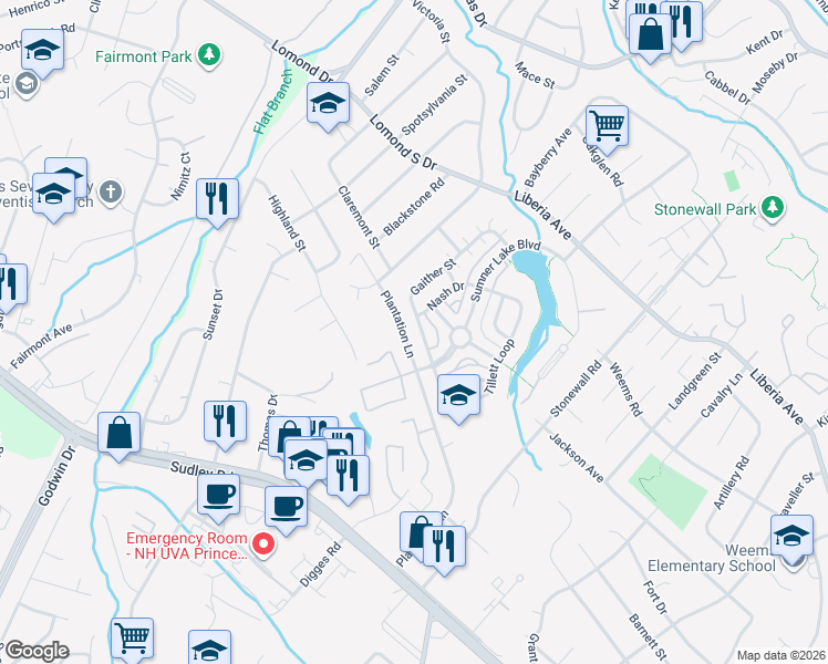map of restaurants, bars, coffee shops, grocery stores, and more near 8385 Gaither Street in Manassas