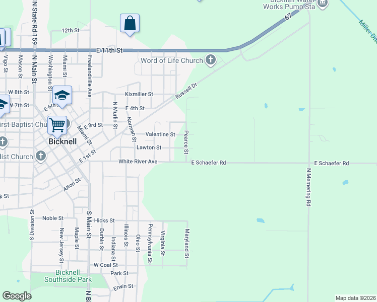 map of restaurants, bars, coffee shops, grocery stores, and more near 800 Lawton Street in Bicknell