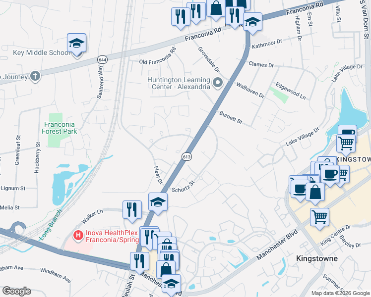 map of restaurants, bars, coffee shops, grocery stores, and more near 6621 Deer Gap Court in Alexandria