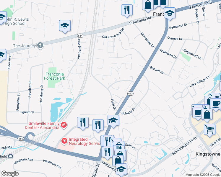 map of restaurants, bars, coffee shops, grocery stores, and more near 6600 Elk Park Court in Alexandria