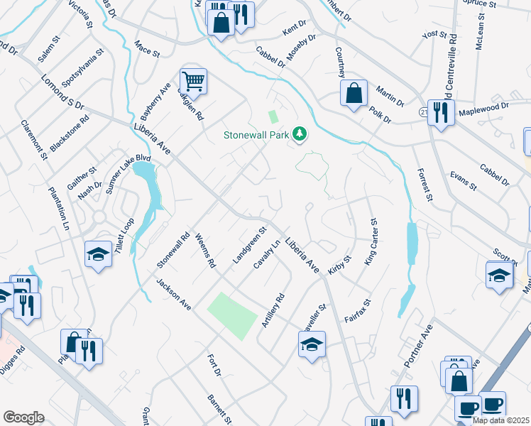 map of restaurants, bars, coffee shops, grocery stores, and more near 8593 Willowbrook Court in Manassas