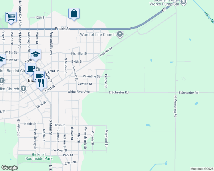 map of restaurants, bars, coffee shops, grocery stores, and more near 800 Lawton Street in Bicknell