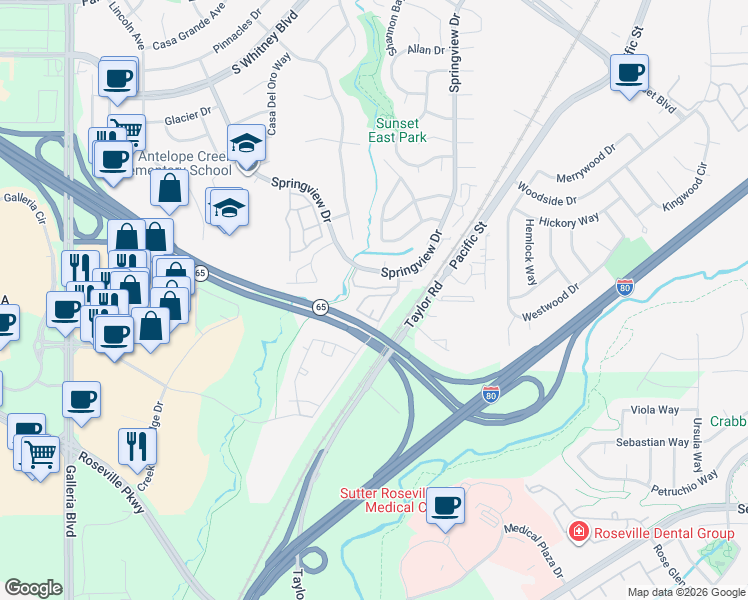 map of restaurants, bars, coffee shops, grocery stores, and more near 6511 Hearthstone Circle in Rocklin