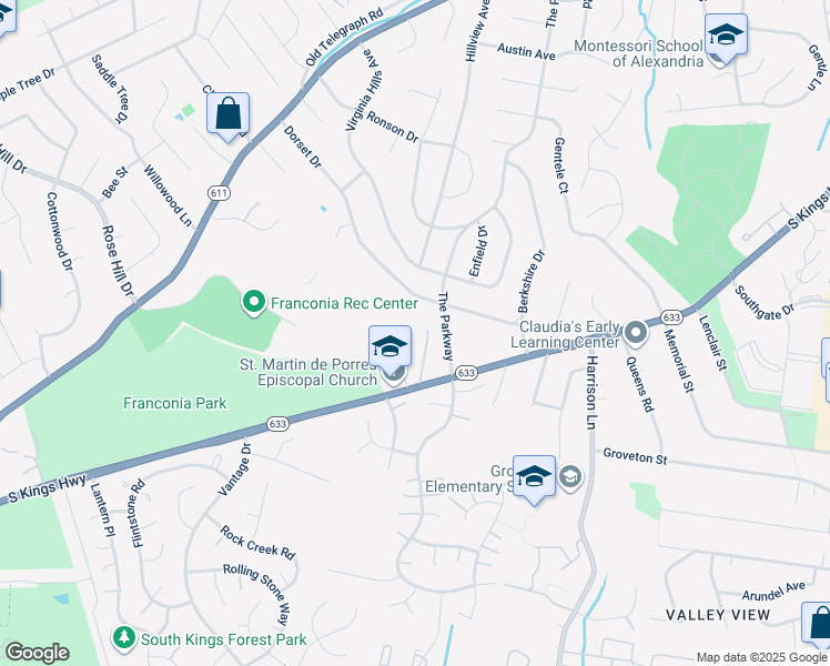 map of restaurants, bars, coffee shops, grocery stores, and more near 6616 Saint Marks Court in Alexandria