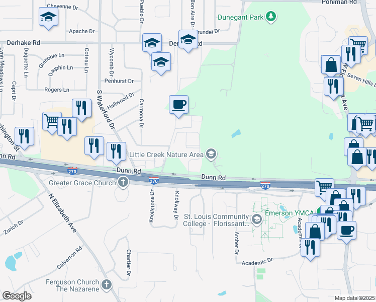 map of restaurants, bars, coffee shops, grocery stores, and more near 1530 Springlet Court in Florissant