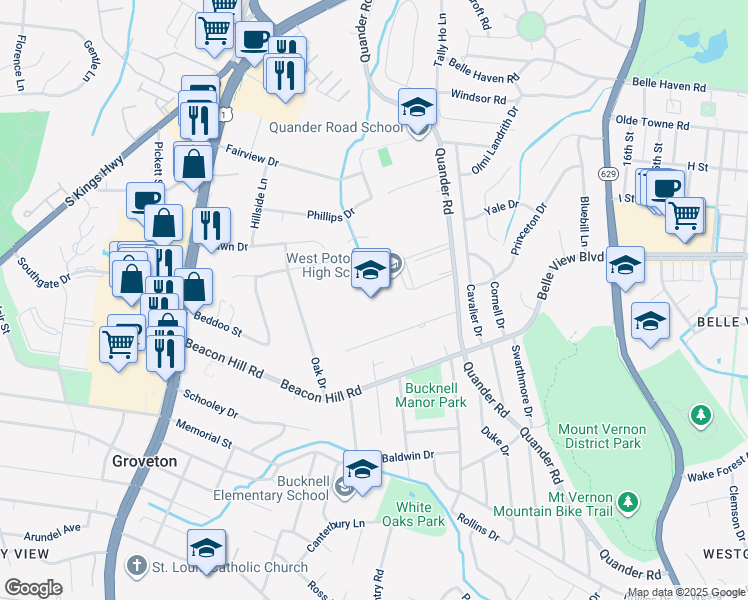map of restaurants, bars, coffee shops, grocery stores, and more near 6500 Quander Road in Alexandria
