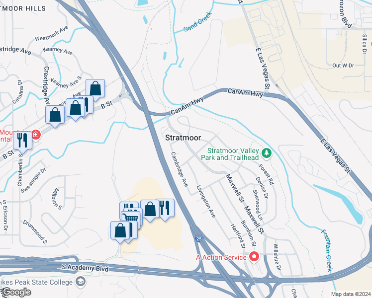 map of restaurants, bars, coffee shops, grocery stores, and more near 1072 Maxwell Street in Colorado Springs