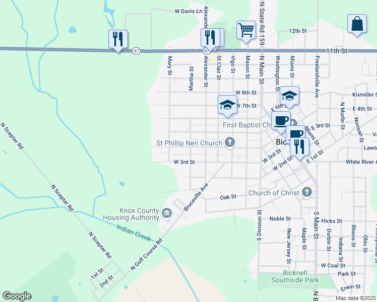 map of restaurants, bars, coffee shops, grocery stores, and more near 901 West 4th Street in Bicknell