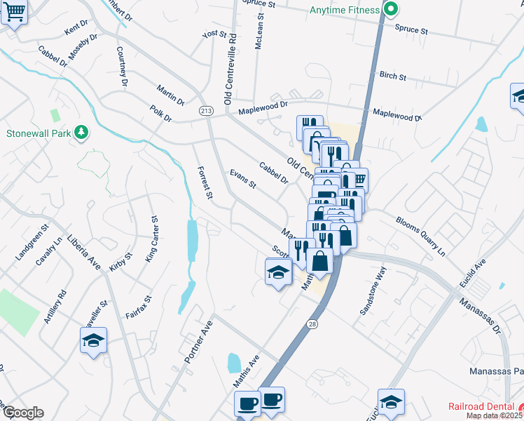 map of restaurants, bars, coffee shops, grocery stores, and more near 130 Manassas Drive in Manassas Park