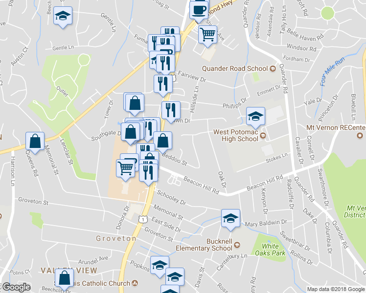 map of restaurants, bars, coffee shops, grocery stores, and more near 6617 Hulvey Terrace in Alexandria