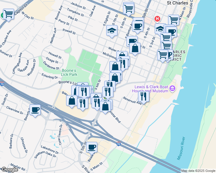 map of restaurants, bars, coffee shops, grocery stores, and more near 1148 South Benton Avenue in Saint Charles