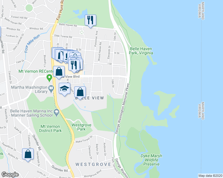 map of restaurants, bars, coffee shops, grocery stores, and more near 6610 10th Street in Alexandria